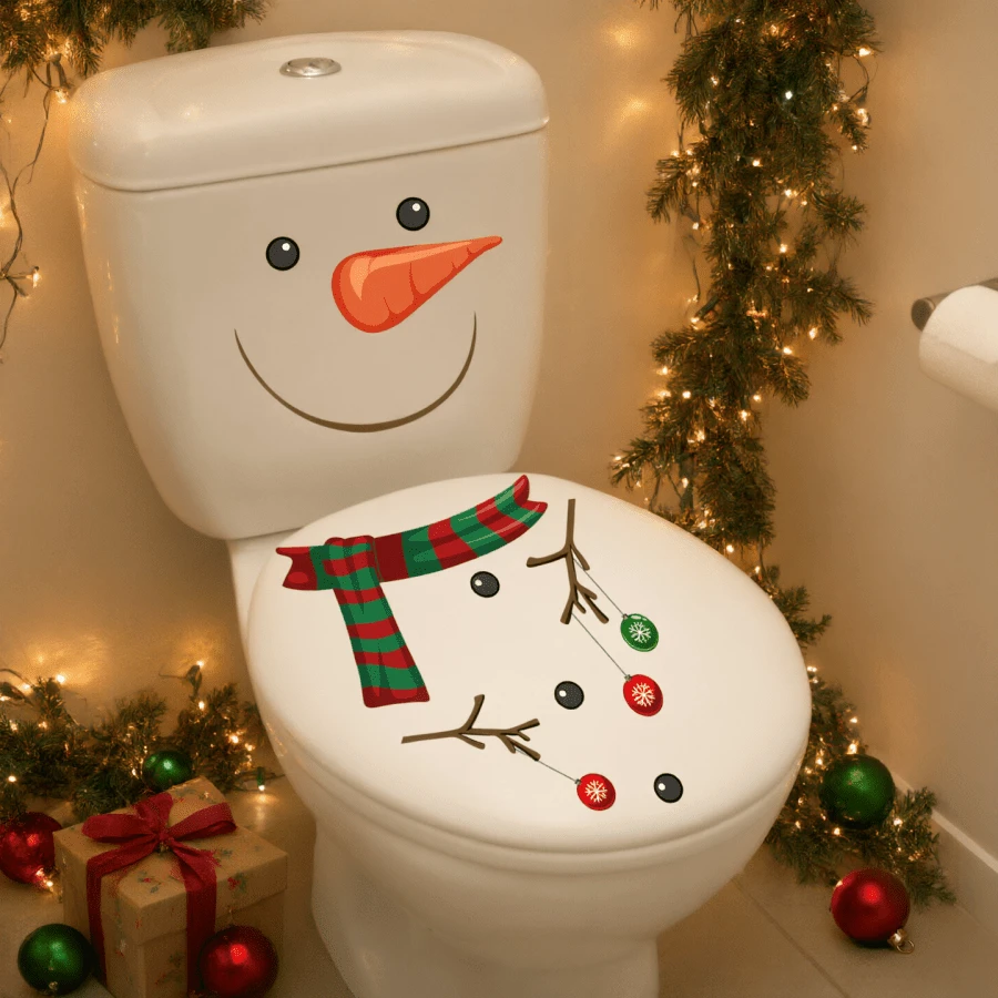 1pc Christmas Snowman Toilet Lid Decal, Self-Adhesive PVC Bathroom Sticker, Festive Holiday Decor, Best For Christmas Home Decoration - Multicolor - View 1