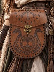 Vintage Medieval PU Leather Waist Bag Viking Nordic Rune Totem Belt Pouch Unisex Renaissance Celtic LARP Role Play Costume Accessory Prop Halloween Cosplay Fantasy Outfit - A - View 2