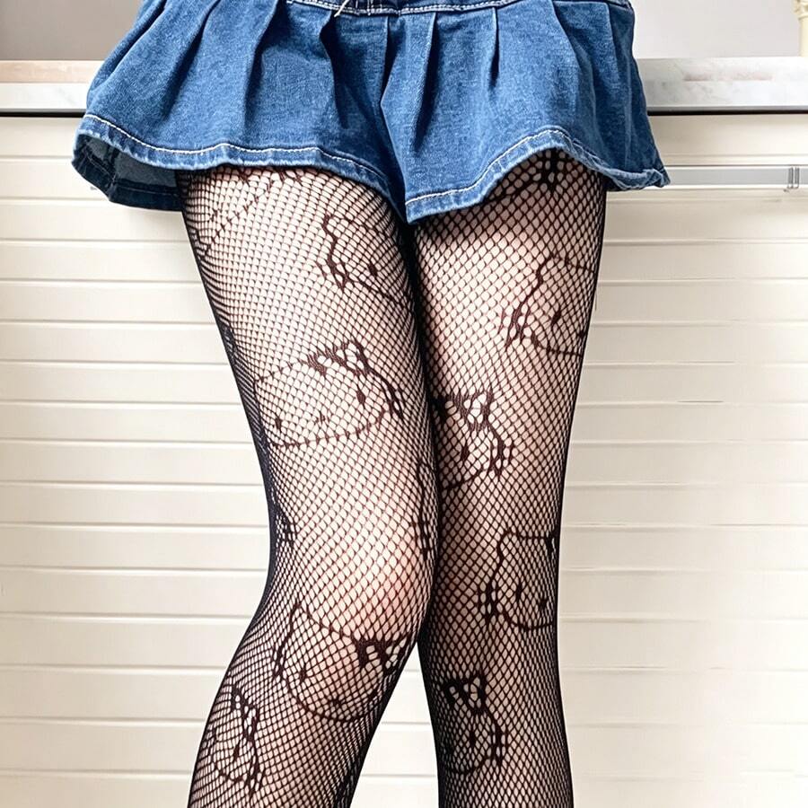 asmodee Celana Ketat Jala Kartun Hello Kitty, Celana Ketat Jala Jacquard Kucing Hitam & Putih, Celana Ketat Pelangsing Gaya Manis & Keren untuk Halloween