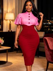 AOMEI Elegant Charming Women's Pink And Red Color Block Flutter Sleeve Fitted Bodycon Dress For Birthday Party And Formal Evening Event Wedding - Pink - View 1