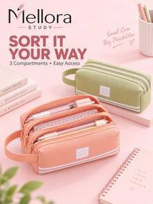 1Pc/6pcs Large Capacity Canvas Pencil Case With Handle, Double Zipper Multi‑Layer Pencil Pouch, Solid Color Portable Stationery Bag For Students Back To School Supplies - Double Zipper - View 3