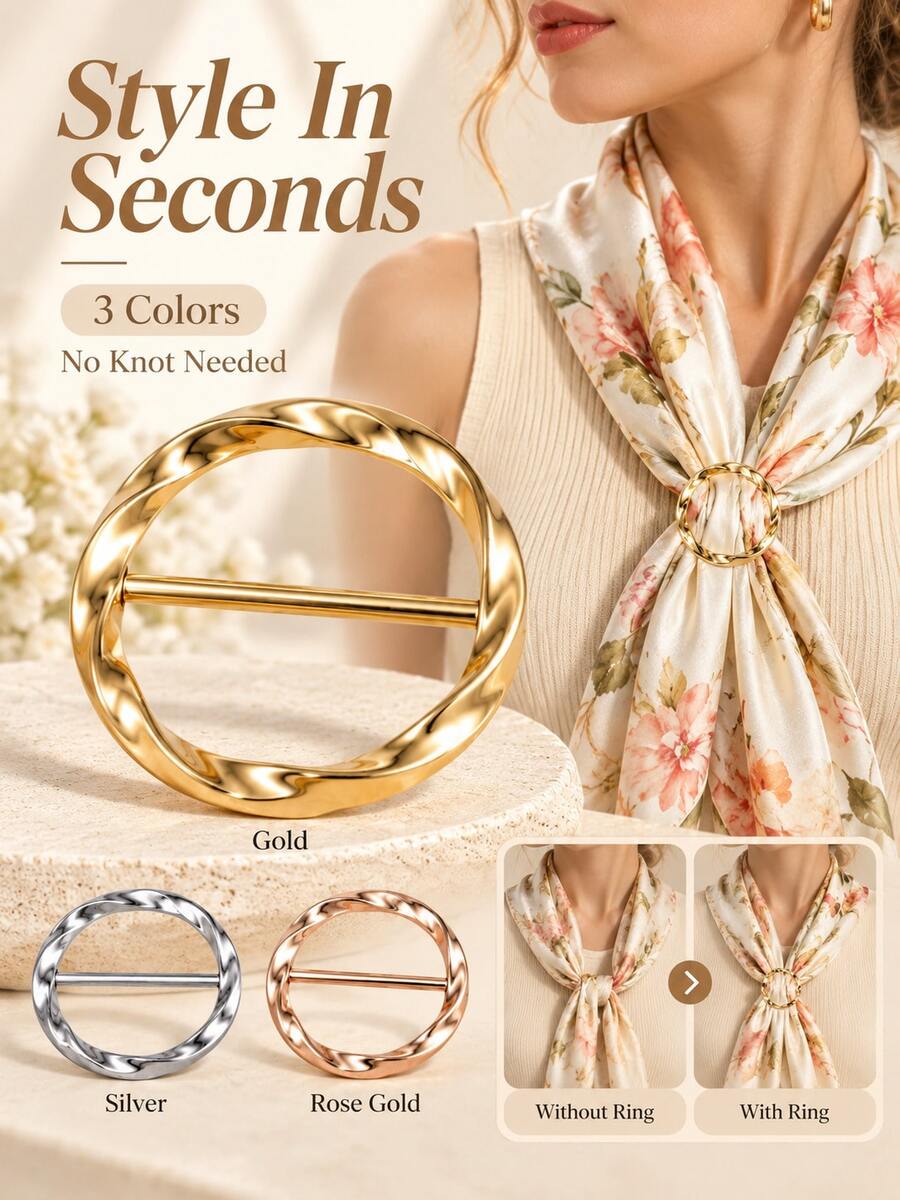 3/1pc Women's Metal Scarf Buckle, Gold Silver Gun Black Three-Color Combination, Minimalist Geometric Round Ring Wave Design Scarf Clip, Alloy Material With Glossy Texture, Suitable For Silk Scarves, Shawls, Scarves, Shirt Collars Fixing And Styling, Lightweight Luxury Versatile Anti-Slip, Suitable For Commuting, Dating, Travel, Party, Office And Daily Wear, Can Be Used As Women's Exquisite Clothing Accessory And Holiday Gift - Multicolor - View 1