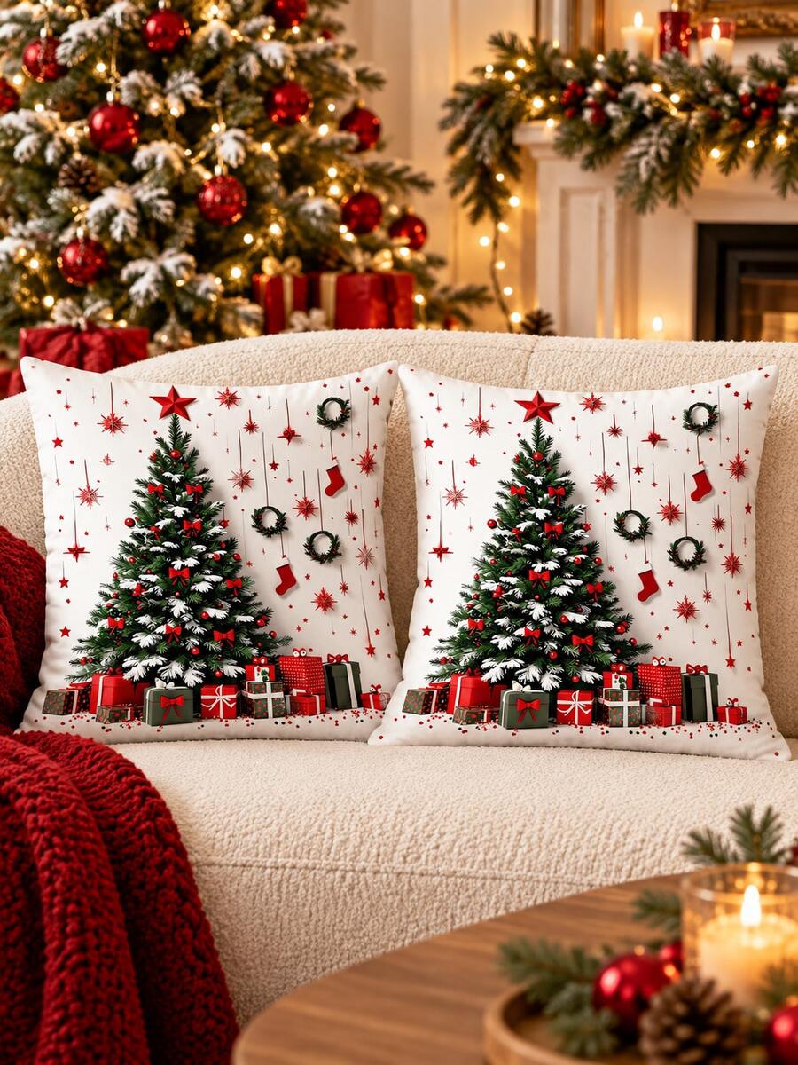 2pcs Christmas Tree Floral Pillow Covers, Single-Sided Printed Soft Decorative Cushion Covers, Suitable For Sofa, Bed And Living Room, Winter Holiday Home Decor, Pillow Insert Not Included - Multicolor - View 1