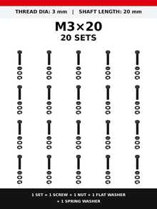 10/20/50 Set Baut Kepala Soket Heksagonal M3/M4 dengan Mur, Ring Pipih & Ring Pegas, Baut Metrik Berulir Penuh Warna Hitam, Berbagai Panjang 6–20mm untuk DIY, Furnitur, Mesin & Perbaikan Rumah - 20 Set - View 19