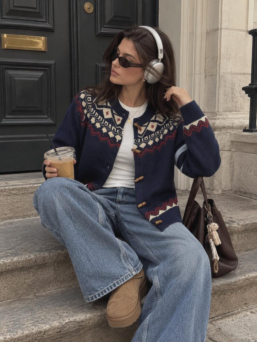 Women's Festive Jacquard Knitted Cardigan Sweater Boho Long Sleeve Stand Collar Regular Fit Top For Fall Winter - Multicolor - View 1