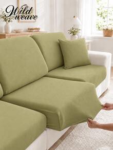 1pc Minimalist Modern Solid Color Milk Silk Elastic Sofa Cushion Cover, Suitable For All Seasons - Light Matcha Color - View 2