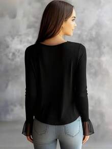 Women's Black Knit V-Neck Long Sleeve Top, Autumn/Winter Essential, Transparent Tulle Detail On Cuffs, Regular Fit, New Year Outfit - Black - View 2