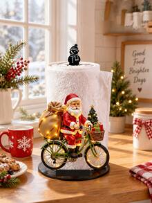 2D FLAT Christmas Decorative Kitchen Paper Towel Holder (No Power Light) - Desktop Tabletop Roll Holder With Display And Storage Function, Fun Cycling Santa Claus Design, Suitable For Kitchen, Bathroom, Living Room And Dining Room, Decorative Ornament To Create A Warm Christmas Atmosphere - Multicolor - View 4
