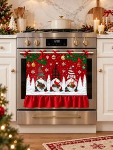 Christmas Elf Family Red Cardinal Print Oven Curtain, Red Scalloped Edge Fabric Oven Curtain, Christmas Kitchen Holiday Decor - Three Dwarfs - View 10