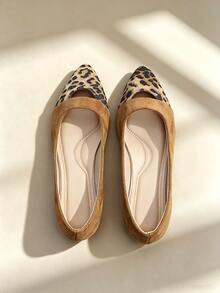 Women's Daily Versatile Hollow Design Leopard Print Patchwork Pointed Toe Low-Cut Flat Ballet Shoes - Brown - View 3