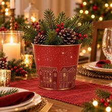 2Pcs Christmas Metal Planters With Golden Interior, Festive Decorative Flower Pots With Golden Printing, Small Round Plant Containers For Holiday Table Centerpiece, Home Decor, Party And Gift Basket - Christmas Flower Pot - View 4