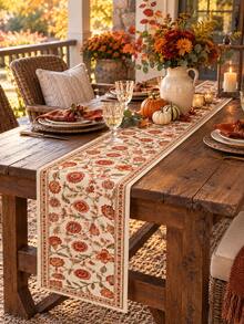 1pc Autumn Pumpkin Table Runner, Vintage Farmhouse Style Linen Autumn Tablecloth, Thanksgiving Harvest Dinner Party Decoration Tablecloth, Indoor & Outdoor Dining Table Decor - Multicolor - View 12