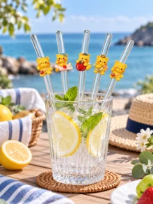 4PCS Reusable Clear Bent Glass Straw With Cute Yellow Bear Ornament, Suitable For Hot & Cold Drinks, Great For Beach Trip, Wedding Party & Holiday Present - View 6
