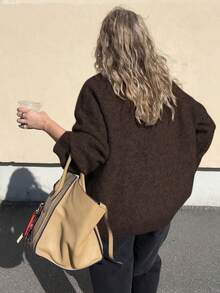 Plus Size Autumn/Winter New Solid Color Minimalist Round Neck Long Sleeve Casual Slouchy Women's Knit Sweater, Chocolate Brown Fashion Loose Commuter Pullover - Brown - View 4