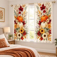 2pcs Three-Color Pumpkin & Floral Pattern Semi-Sheer Bedroom Curtains, 90GSM Polyester Semi-Transparent Privacy Protection, Mori Style Living Room Curtains, Kitchen Curtains, Suitable For Home, Room, Kitchen Partition Or Decoration, Rod Pocket Design Easy Installation, Quick Dry Water-Resistant Non-Fading, Lightweight Removable Washable Curtains - Multicolor - View 6
