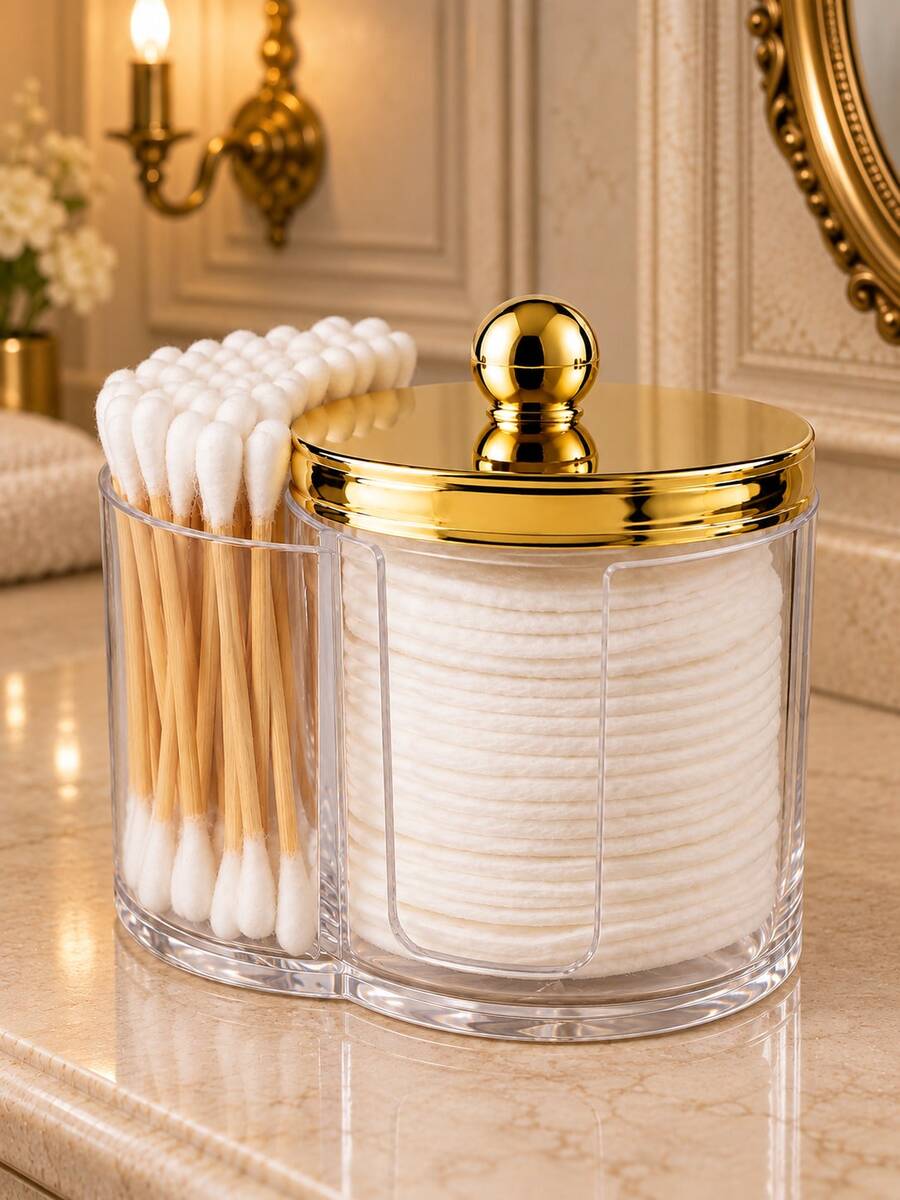 Transparent Thickened Acrylic Jar Body With Glossy Gold Lid, Dust-Proof Protection For Makeup Pads, Suitable For Bathroom Vanity And Dressing Table - Multicolor - View 1
