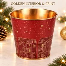 2Pcs Christmas Metal Planters With Golden Interior, Festive Decorative Flower Pots With Golden Printing, Small Round Plant Containers For Holiday Table Centerpiece, Home Decor, Party And Gift Basket - Christmas Flower Pot - View 7