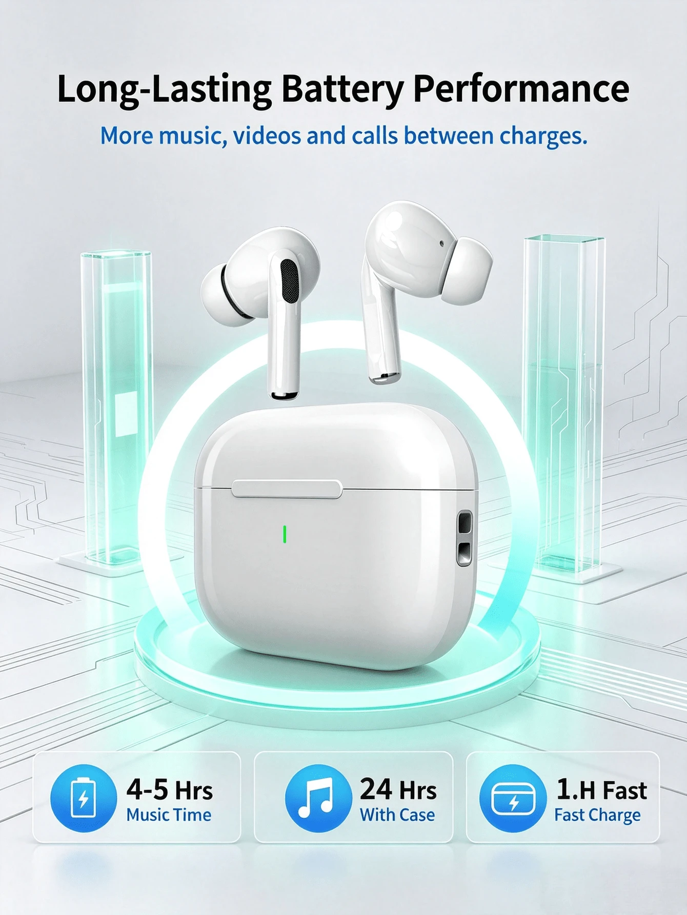 Wireless Bluetooth In-Ear TWS Earbuds, Stable Bluetooth Connection, Touch Control, Large Capacity Charging Case, Stereo Audio And Clear Hands-Free Calls, Suitable For Office And Music - White - View 1