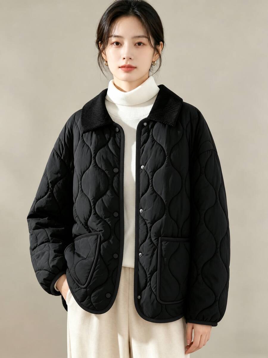 YUXIN Women's Loose Quilted Jacket Black Thickened Warm Coat Corduroy Collar Front Button Pockets Design Versatile Casual Top Suitable For Office Commute Travel Date Autumn Winter