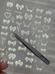 1 Set Adult Decorative Stickers, Laptop Stickers, White 3D Embossed Bow And Heart Pattern Decals, Transparent Background, Polka Dot Bow And Pearl Heart Decorative Stickers, Includes Tweezers, Suitable For Laptops, Cameras, Phone Cases, Water Bottles - Bow Stickers - View 9