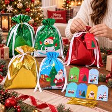 35 Pack Christmas Gift Bags Set, 5 Drawstring Gift Bags 24 X 32 Cm With 30 Assorted Christmas Gift Tags & Ties, Metallic And Printed Holiday Gift Packaging Bags For Xmas Party Presents - Multicolor - View 3