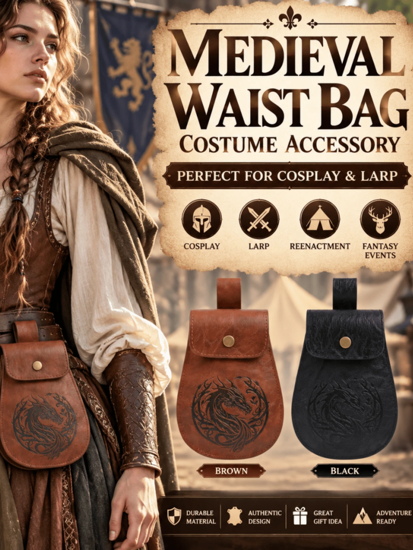 Medieval Dragon Embossed PU Leather Waist Bag, Vintage Snap Button Belt Pouch, Halloween Renaissance Cosplay & Live Action Roleplay Costume Accessory - A - View 1