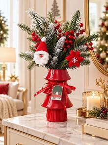 Resin Christmas Tree Vase, Red Green Holiday Flower Vase, Festive Tabletop Centerpiece For Christmas Home Decor, Living Room, Dining Table, Fireplace Mantel, Entryway, Shelf And Xmas Gift - Multicolor - View 2