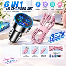 250W Multi-Port Fast Car Charger + All-In-One Charging Cable Set, Can Charge 6 Devices Simultaneously | Suitable For All Cars | Smart Chip & Durable Braided Cable - Charge+Cable - View 1