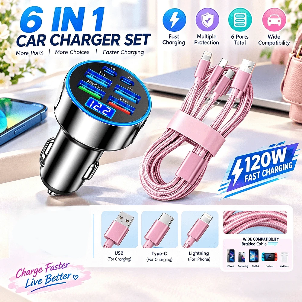 250W Multi-Port Fast Car Charger + All-In-One Charging Cable Set, Can Charge 6 Devices Simultaneously | Suitable For All Cars | Smart Chip & Durable Braided Cable - Charge+Cable - View 1
