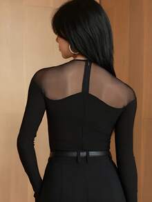 Women's Black Knitted Long Sleeve Top, Mesh Patchwork Semi-Sheer Design, Fashion Slim Fit Autumn Style - Black - View 2