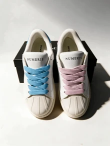 Numeris 2026 New Low-Top Skate Sneakers For Men, Blue Pink Asymmetric Accents Shell Toe, Thick Wide Laces, Non-Slip Platform Sole Casual Walking Shoes - Blue Pink - View 8