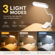 DO AS YOU WISH Rechargeable LED Clip-On Reading Light, 360° Adjustable Flexible Lamp Arm, Supports White/Warm/Warm White Light Switching, Suitable For Night Reading, Bedside Learning, Desktop Use - 1-pack - View 2