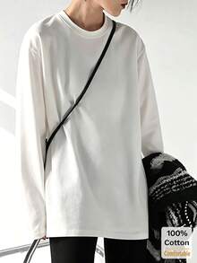 Women's Long Sleeve T-Shirt, Loose Mid-Length White Top, Layering Shirt, Fashionable For Autumn/Winter Casual Spring - White - View 2