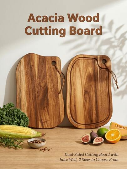 Solid Wood Cutting Board, Acacia Wood With Rope, 2 Sizes Available, Home Use Solid Wood Meat And Fruit Cutting Board, Hanging Solid Wood Vegetable Cutting Board, Kitchen Prep And Cutting Board, Kitchen Home Use Fruit, Vegetable, Meat Cutting, Wear-Resistant And Non-Deforming, Easy To Clean, Suitable For Kitchen And Restaurant Use
