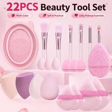 MONKIDS 22/20pcs Set Alat Rias, Kombinasi Kuas & Puff Rias, Spons Rias Serbaguna, Bantalan Pembersih Silikon, Set Alat Rias Lengkap untuk Pemula, Set Alat Rias Portabel untuk Perjalanan, Set Hadiah untuk Wanita - Berwarna merah muda - View 2