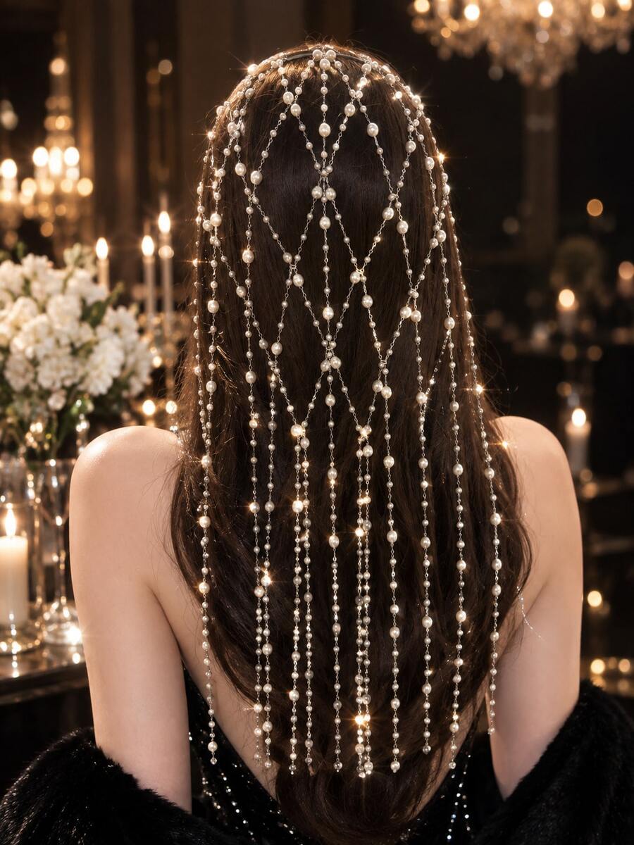 Exquisite Shiny Hollow Mesh Hair Chain Tassel Hair Accessory For Women, Versatile For Party And Banquet - Silver - View 1