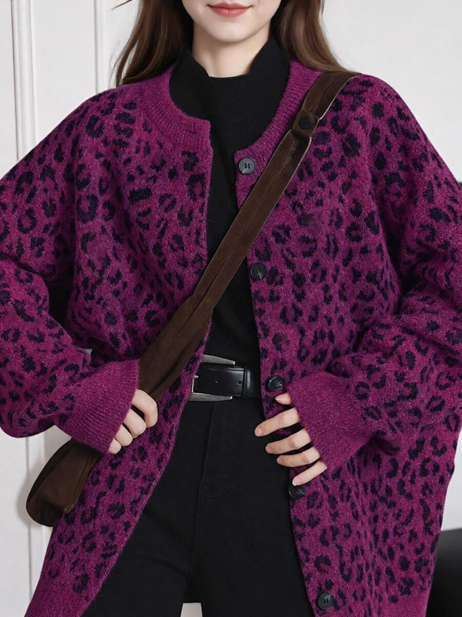 Alicedudu Women's Autumn/Winter Vintage Leopard Print Round Neck Cardigan Jacket - Magenta - View 1