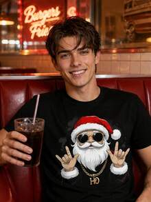 Men's Christmas Graphic T-Shirt, Cool Santa Claus Print Short Sleeve Crew Neck Tee, Casual Holiday Top, Festive Gift For Men - Black - View 4