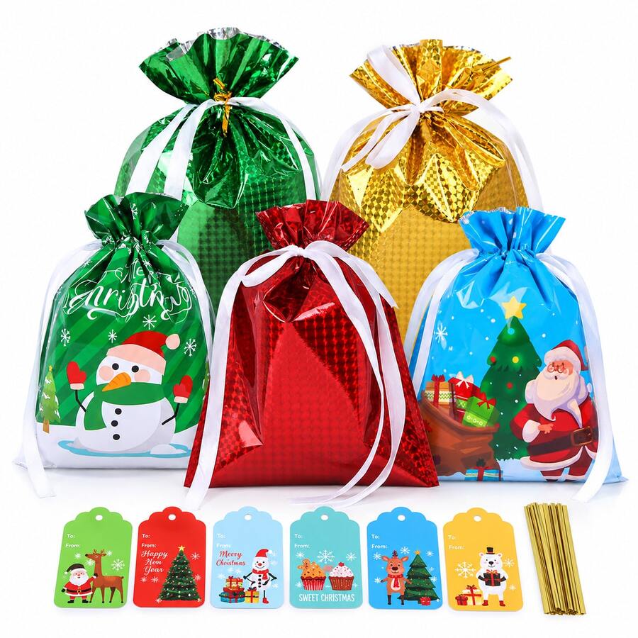 35 Pack Christmas Gift Bags Set, 5 Drawstring Gift Bags 24 X 32 Cm With 30 Assorted Christmas Gift Tags & Ties, Metallic And Printed Holiday Gift Packaging Bags For Xmas Party Presents - Multicolor - View 1