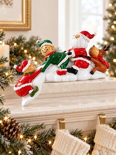 1 Piece Whimsical Santa Claus, Elves & Reindeer Christmas Tabletop Figurine, Cute Snow Scene Ornament For Fireplace Mantel, Bookshelf, Entryway, Office Desk And Festive Holiday Home Decor