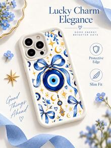 1pc Bohemian Blue Ribbon Evil Eye Moon Star Phone Case, Watercolor Bow Hamsa Hand Floral Cream Frame Full Coverage Shockproof Soft Protective Shell Compatible With IPhone 18 17 16 15 14 13 12 11/Pro/ProMax/X/XR/XS/XSMAX/7/8/PLUS /Honor - Beige - View 1