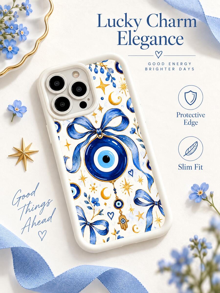 1pc Bohemian Blue Ribbon Evil Eye Moon Star Phone Case, Watercolor Bow Hamsa Hand Floral Cream Frame Full Coverage Shockproof Soft Protective Shell Compatible With IPhone 18 17 16 15 14 13 12 11/Pro/ProMax/X/XR/XS/XSMAX/7/8/PLUS /Honor - Beige - View 1