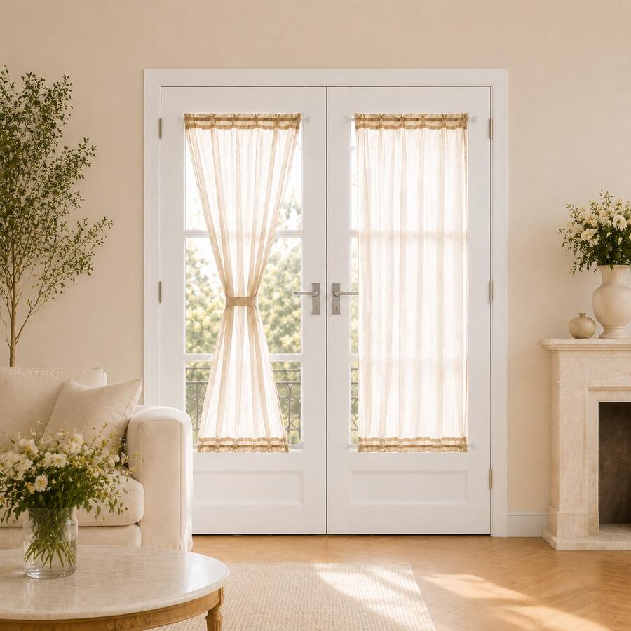1 Buah Tirai Pendek Semi-Transparan Bergaya Prancis Warna Krem Bahan Linen Imitasi, Tirai Pintu Pendek Pelindung Privasi untuk Dapur, Kamar Tidur, Ruang Tamu, Desain Kantong Batang, Mudah Digantung - 1PC - View 1