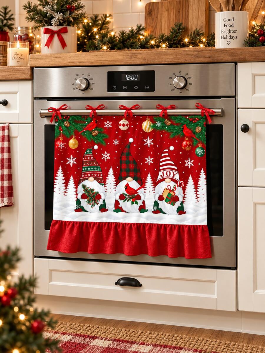 Christmas Elf Family Red Cardinal Print Oven Curtain, Red Scalloped Edge Fabric Oven Curtain, Christmas Kitchen Holiday Decor - Three Dwarfs - View 1