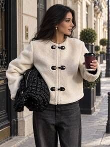 Women's Fleece Jacket, Casual Faux Sherpa, Metal Button, Round Neck, Thick, Warm Outerwear For Autumn/Winter - Beige - View 6