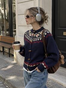 Women's Festive Jacquard Knitted Cardigan Sweater Boho Long Sleeve Stand Collar Regular Fit Top For Fall Winter - Multicolor - View 5
