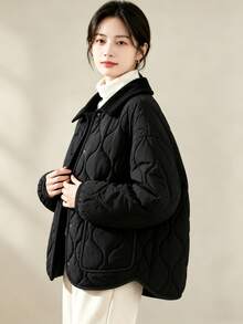 YUXIN Women's Loose Quilted Jacket Black Thickened Warm Coat Corduroy Collar Front Button Pockets Design Versatile Casual Top Suitable For Office Commute Travel Date Autumn Winter - Black - View 7