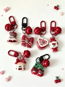 3pcs Random Mixed Cartoon Vintage Berry Red Heart Bow Cherry Cake Bell Keychains, Japanese Girly Style Best Friend Gift, Backpack Charm, Versatile Holiday Gift - Multicolor - View 8