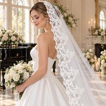 1pc Elegant Vintage Lace Bridal Veil With Metal Comb, Perfect For Vienna Cathedral & Church Weddings - Milky - View 3
