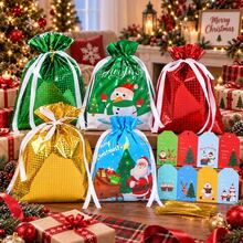 35 Pack Christmas Gift Bags Set, 5 Drawstring Gift Bags 24 X 32 Cm With 30 Assorted Christmas Gift Tags & Ties, Metallic And Printed Holiday Gift Packaging Bags For Xmas Party Presents - Multicolor - View 5